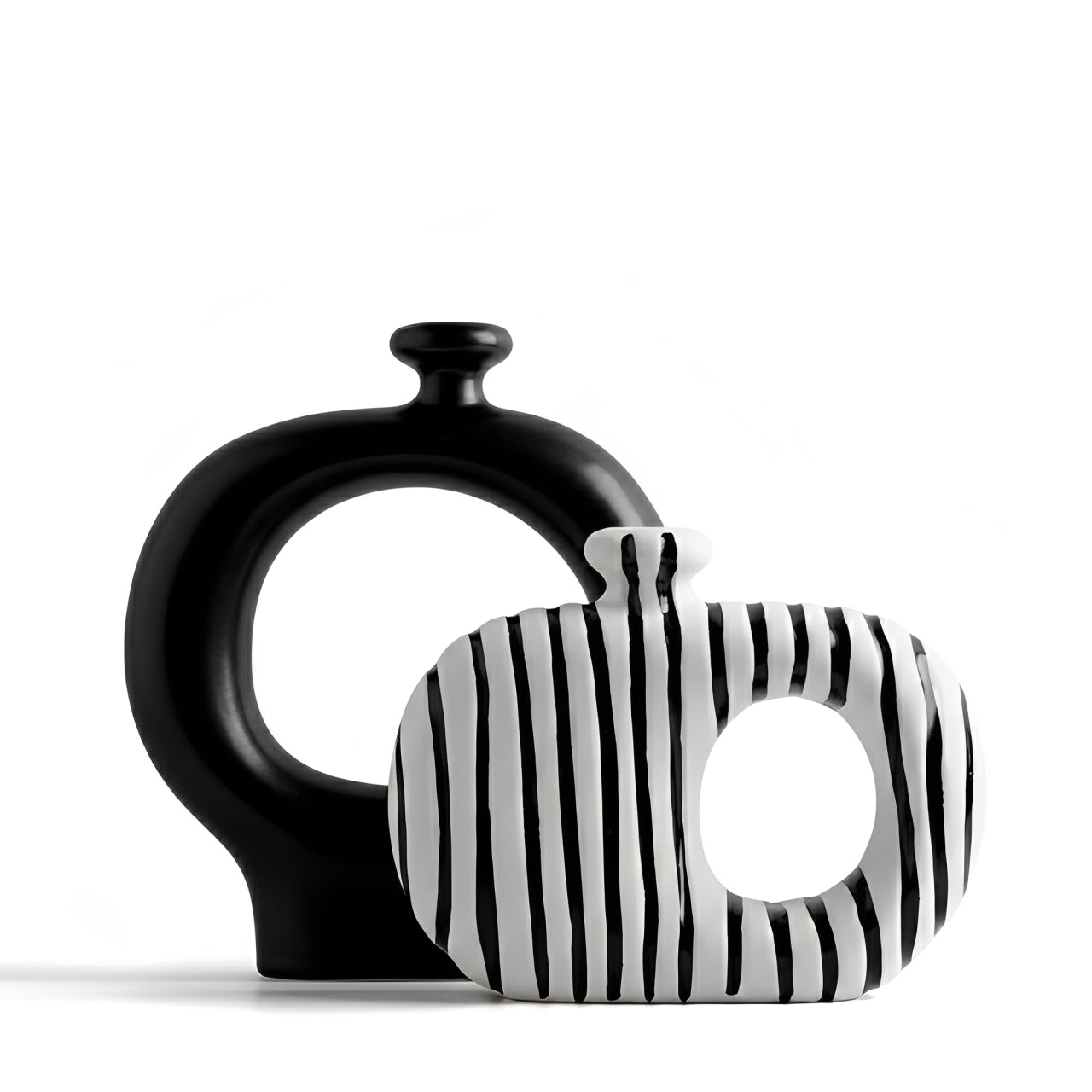 Modern Abstract Striped and Black Ceramic Vase Set