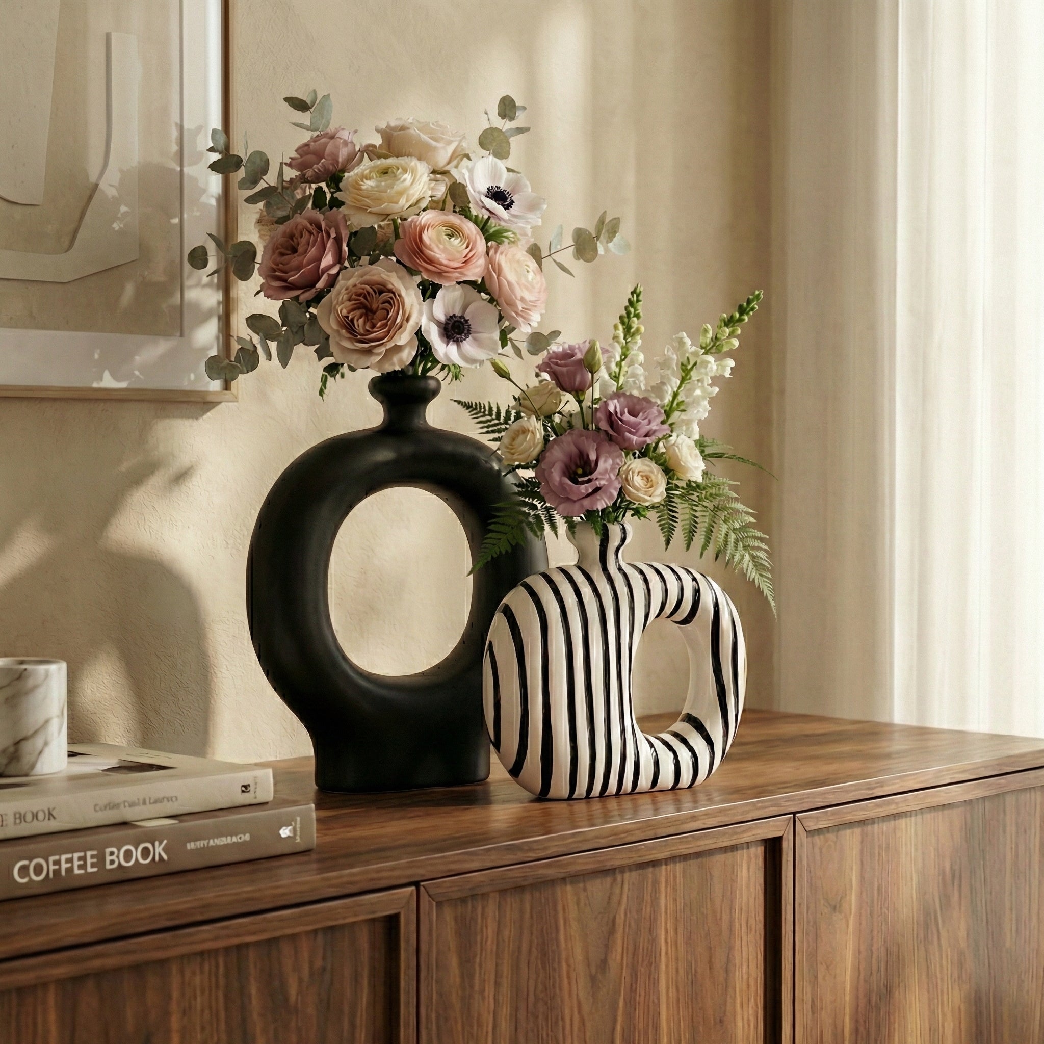 Modern Abstract Striped and Black Ceramic Vase Set