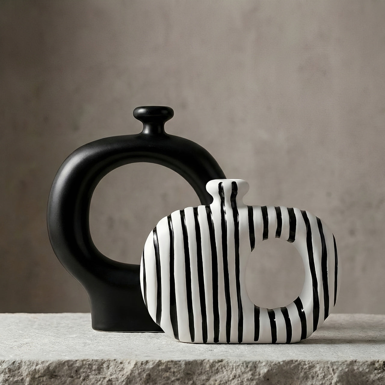 Modern Abstract Striped and Black Ceramic Vase Set